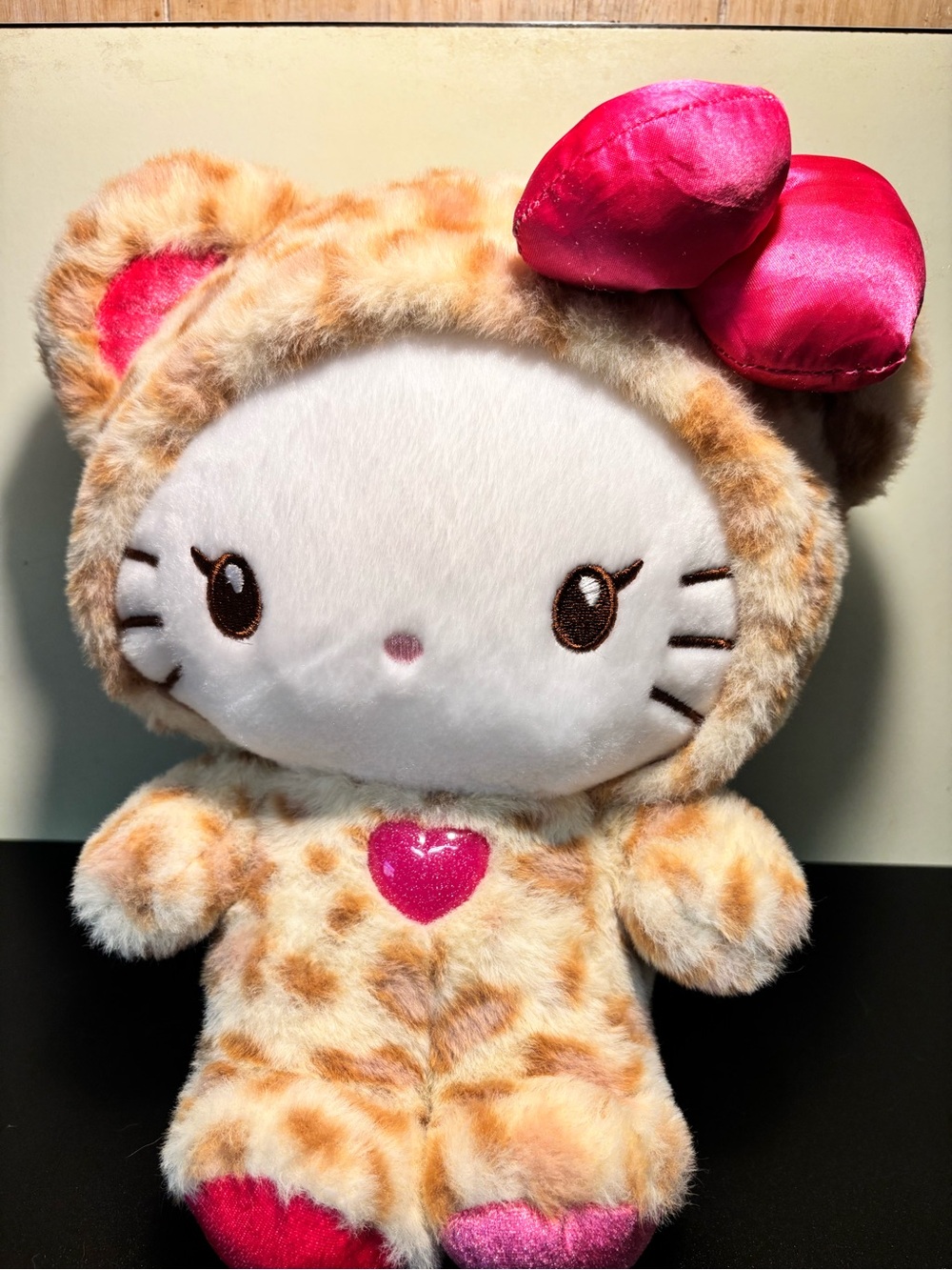 Hello Kitty Leopard-Pattern Plush with Hot Pink Bow
